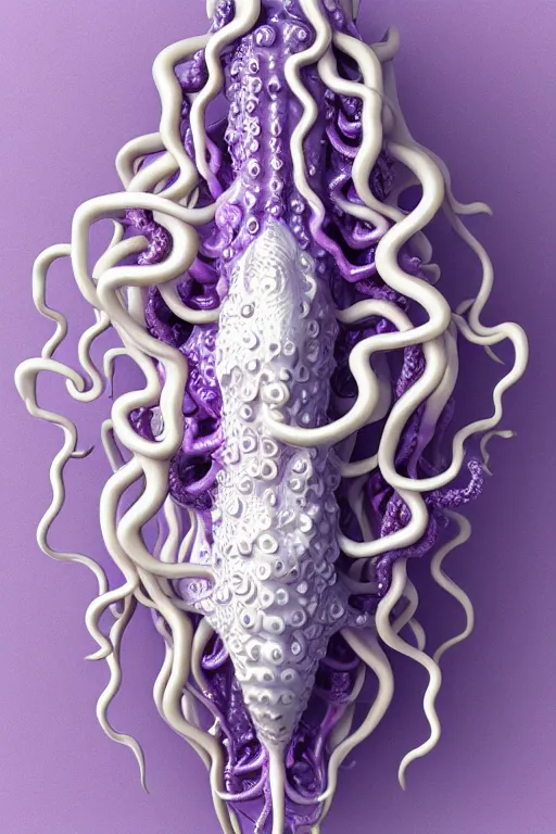 Image similar to 3 d sculpture white porcelain cobweb made of octopus tentacles and eyes, floating in purple space, gold details, very detailed, highly intricate, ornate, pearlescent, octane render, 8 k,