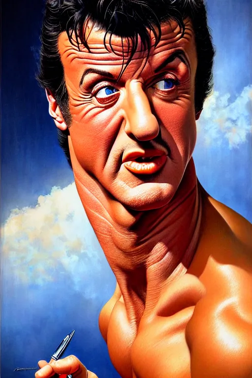 Prompt: portrait of sylvester stallone by gil elvgren and norman rockwell and rob gonsalves and hajime sorayama, hyperrealistic, high detail, ultra detailed, highly detailed face