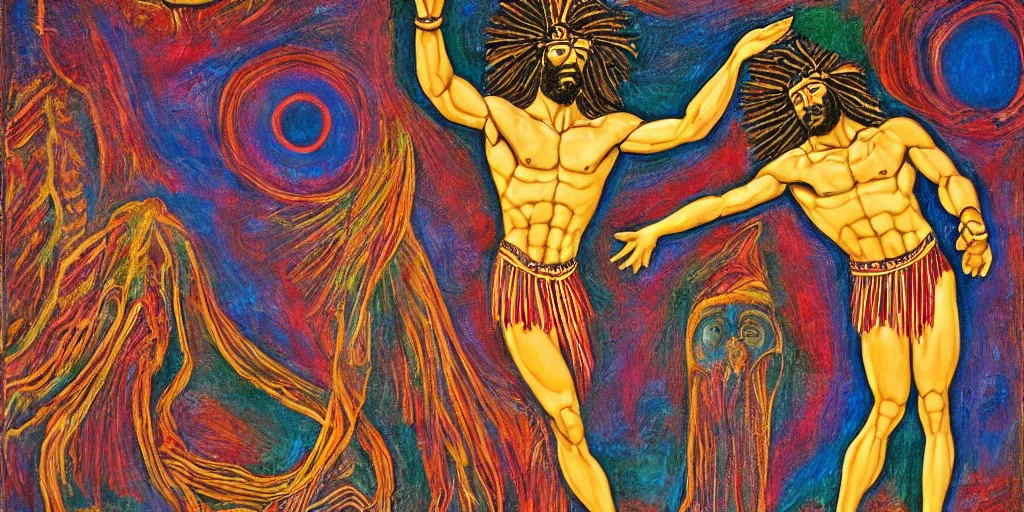 Prompt: an abstract spiritual background, a latino greek god dancing in ecstasy, clear eyes. 2 4 mm, photorealistic, muted color scheme, directed by mati klarwein