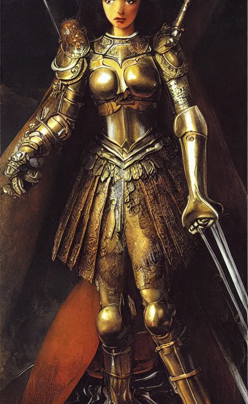 Prompt: elf princess knight, baroque crystal sapphiire armor, battle angel alita. by rembrandt 1 6 6 7, illustration