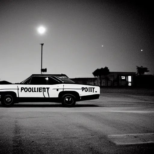 Image similar to candid nighttime photo of a county sheriff livery police car dodge charger 1976 parked in an empty parking lot at night dark midnight