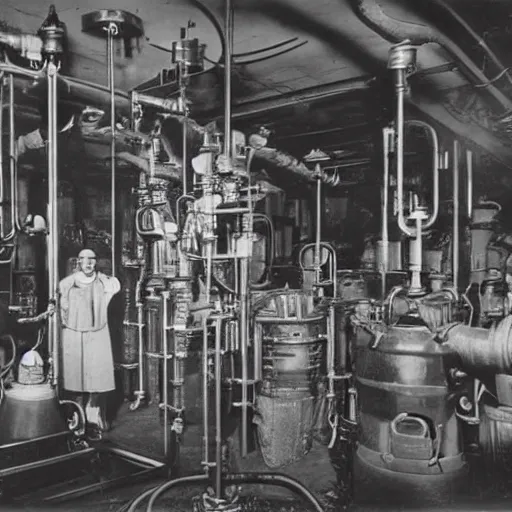 Image similar to old black and white photo, 1 9 1 3, depicting a dieselpunk lab with biomechanical aliens inside vats, historical record
