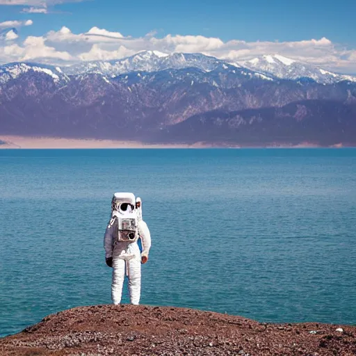 Image similar to an astronaut standing in the water of Lake Baikal and looking at the mountains. Photo by professional. Nikkor