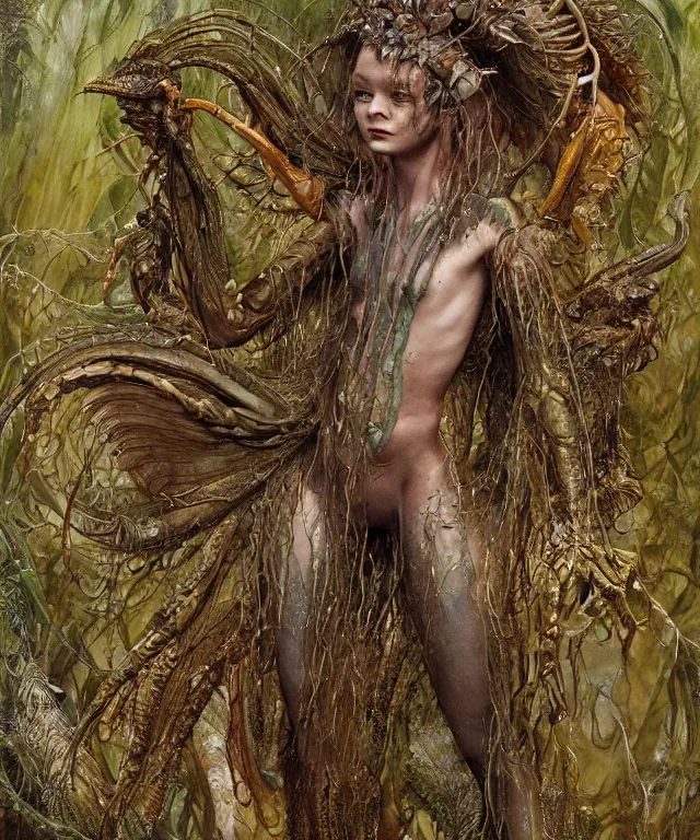 Prompt: a portrait photograph of a fierce sadie sink as an alien harpy queen with slimy amphibian skin. she is trying on evil bulbous slimy organic membrane parasitic fetish fashion and transforming into an wet insectoid amphibian. by donato giancola, walton ford, ernst haeckel, brian froud, hr giger. 8 k, cgsociety