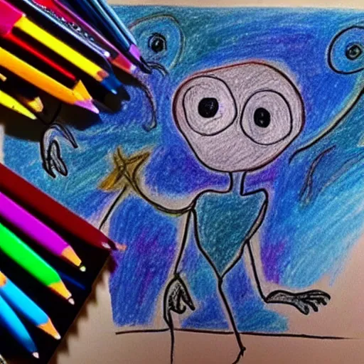 Image similar to children's drawing of a generic alien being drawng with crayons