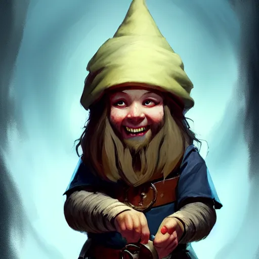 Prompt: Portrait of a young happy gnome with long hair called Eldon, who is a very young wizard that studied at the School of Abjuration, DnD, art by argerm and greg rutkowski, trending on artstation.