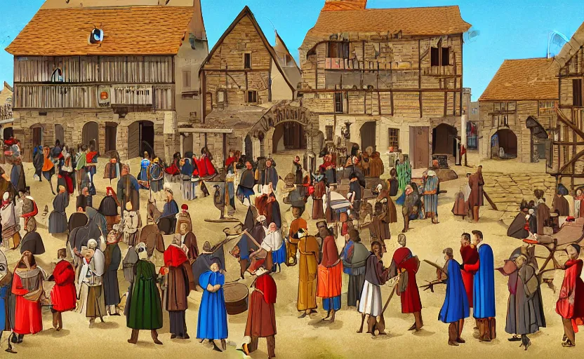 Image similar to central square of a medieval village, busy scene with lots of people engaged in trading various goods and services appropriate for the time. a beautiful digital illustration.