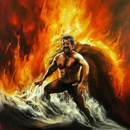 Prompt: Mel Gibson emerging from the depths of hell, dramatic painting, trending on arstation