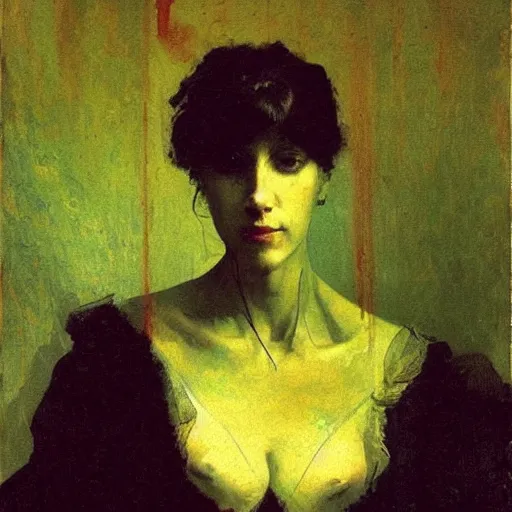 Image similar to portrait of a mysterious woman with a long shadow, by Ilya Repin and Dave McKean