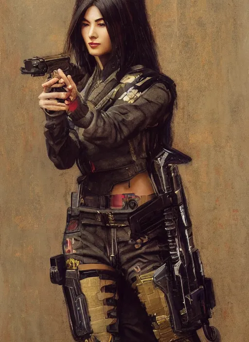 Image similar to Nikki. beautiful cyberpunk Samurai woman wearing a military vest and military jumpsuit (cyberpunk 2077, bladerunner 2049). gorgeous face. Iranian orientalist portrait by john william waterhouse and Edwin Longsden Long and Theodore Ralli and Nasreddine Dinet, oil on canvas. Cinematic, hyper realism, realistic proportions, dramatic lighting, high detail 4k