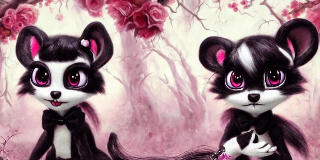 Image similar to 3 d littlest pet shop animal, wearing gothic accessories, gothic bows, gothic outfits, spooky, master painter and art style of noel coypel, art of emile eisman - semenowsky, art of edouard bisson