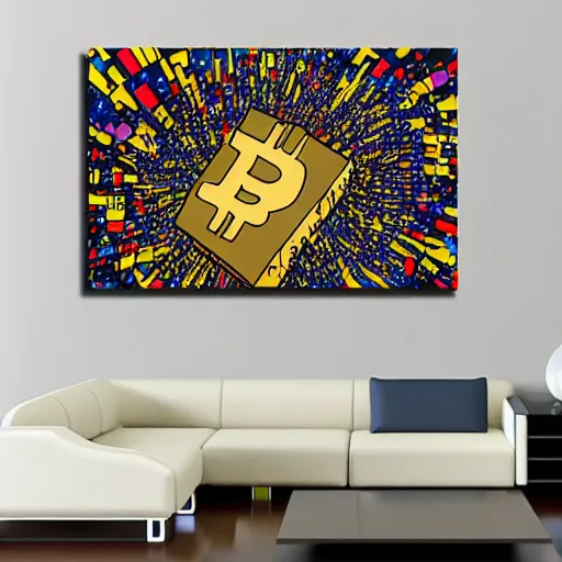 Image similar to people running away scared from a giant with bitcoin head, pop art, high detailed, 8k