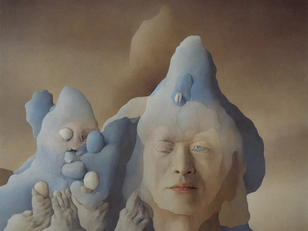 Image similar to Portrait of albino mystic with blue eyes, with the sacred glowing rock in the lithium salt desert. Painting by Jan van Eyck, Beksinski, Rene Magritte, Agnes Pelton, Max Ernst, Walton Ford