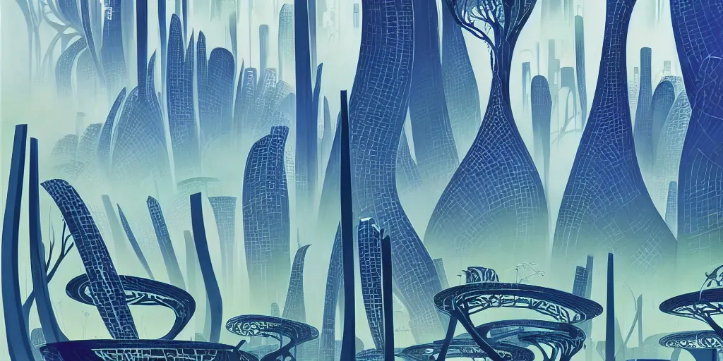 Prompt: futuristic city entangled with trees, gouache, animated film, stylised, illustration, by eyvind earle, scott wills, genndy tartakovski, syd mead