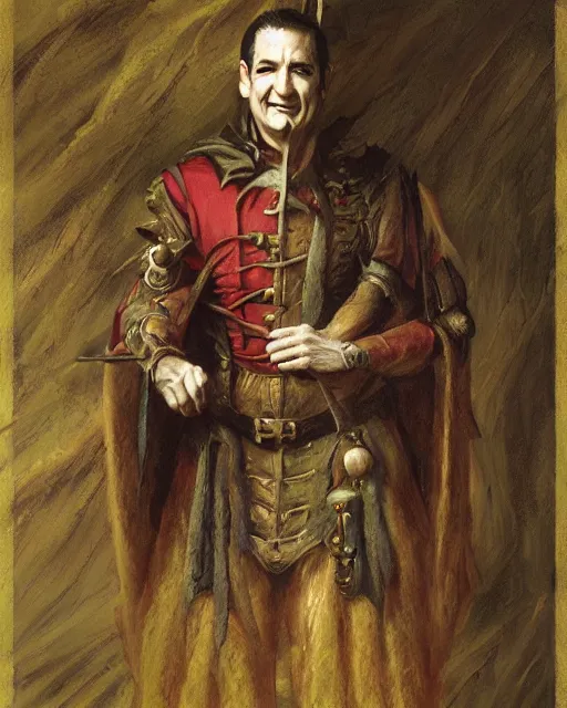 Prompt: frame portrait of ted cruz, court jester in renaissance era, fantasy 3 d render, masterpiece, by donato giancola and greg rutkowski and wayne barlow and zdzisław beksinski, high contrast, realistic face