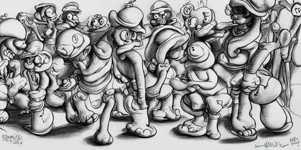 Image similar to high detailed drawing of smurfs and long white bones black and white, tables, tools, leaking oil, line art, pen & ink drawing