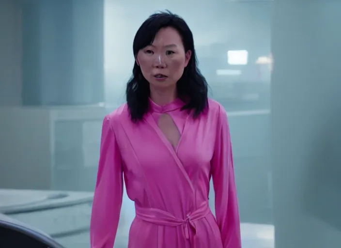 Prompt: film still of amy wong in a pink jumpsuit in the new scifi movie, 4 k