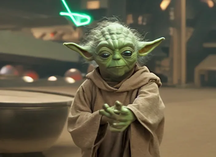 Prompt: film still of yoda uses the force to roll a bowling bowl down a lane in a bowling alley in the new Star Wars movie, 4k
