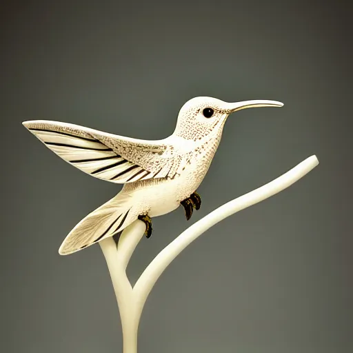 Image similar to intricate hummingbird carved from ivory, bioluminescent, photograph, studio lighting