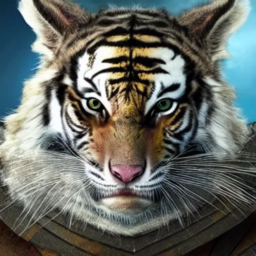 Image similar to a humanoid with cat-like creature in future armor with yellow eyes teeth that protrude past the lower lip sort of like a saber-tooth tiger and fine grayish fur on their face