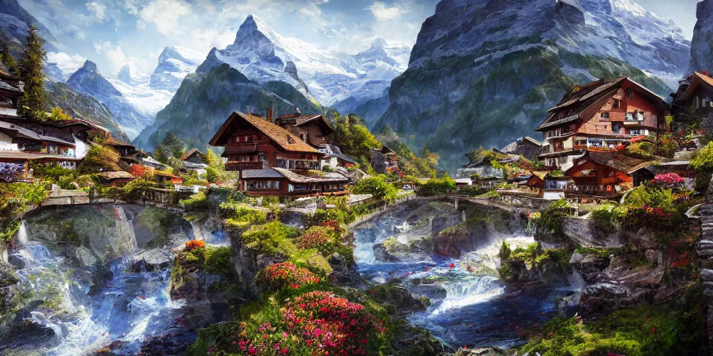 Prompt: switzerland wengen beautiful landscape, ultrafine highly detailed hyper colorful illustration, sharp focus, rozalski, craig mullins, unreal engine highly rendered, global illumination, radiant light, intricate and detailed environment