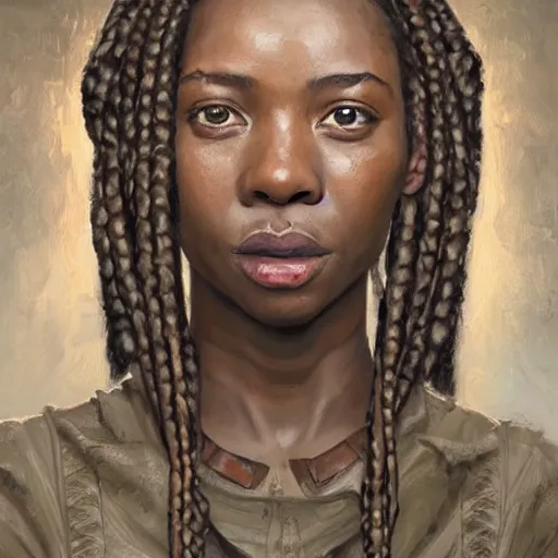Prompt: a portrait of a woman with braids by Ben Enwonwu and Tim Okamura standing in a a large room with many windows and columns, a detailed matte painting by Noah Bradley, cgsociety, fantasy art, matte painting, concept art, dystopian_art, solarpunk
