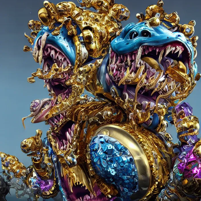 Image similar to jeff koons hip hop style street sharks wearing grillz and a ton of bussdown iced gold bling, ultra realistic, concept art, intricate details, serious, highly detailed, photorealistic, octane render, 8 k, unreal engine, art by todd mcfarlane and artgerm and greg rutkowski and alphonse mucha