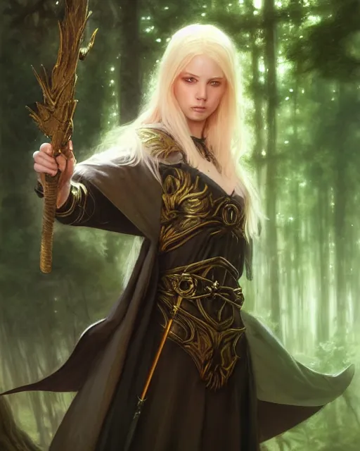 Image similar to blonde young sorceress with a cloak and leather tabard armor casting a spell in the forest, fantasy character portrait, ultra realistic, concept art, intricate details, highly detailed by ilya kuvshinov, greg rutkowski, gaston bussiere, craig mullins, simon bisley