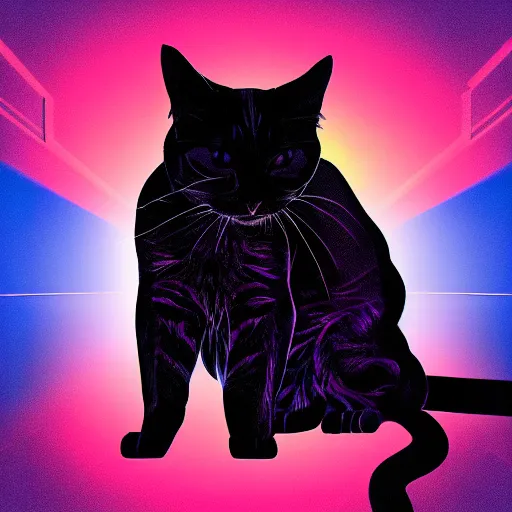 Image similar to vector cat silhouette, portrait, vaporwave, synthwave, neon, vector graphics, cinematic, volumetric lighting, f 8 aperture, cinematic eastman 5 3 8 4 film