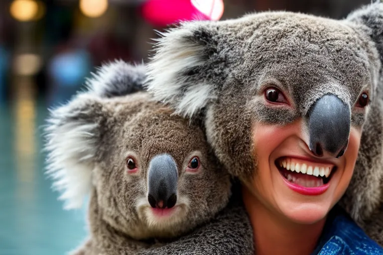 Prompt: closeup portrait of a woman carrying a koala over her head and shoulders in a flood in Rundle Mall in Adelaide in South Australia, photograph, natural light, sharp, detailed face, magazine, press, photo, Steve McCurry, David Lazar, Canon, Nikon, focus