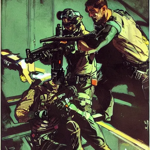 Prompt: Sam Fisher blackops operator choking out a guard. rb6s, MGS, and splinter cell Concept art by James Gurney, Alphonso Mucha. Vivid color scheme.