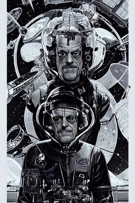 Prompt: Christopher Lloyd is a space pirate, science fiction, retro cover, high details, intricate details, by vincent di fate, artgerm julie bell beeple, 60s, inking, vintage 60s print, screen print