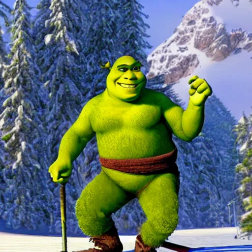 Image similar to shrek skiing, angry, full body shot, cinematic lighting, studio quality