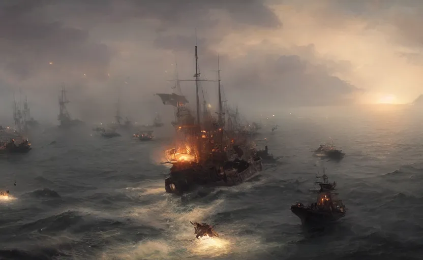 Prompt: Epic naval battle, elegant, volumetric lighting, digital painting, highly detailed, artstation, sharp focus, illustration, concept art, ruan jia, steve mccurry