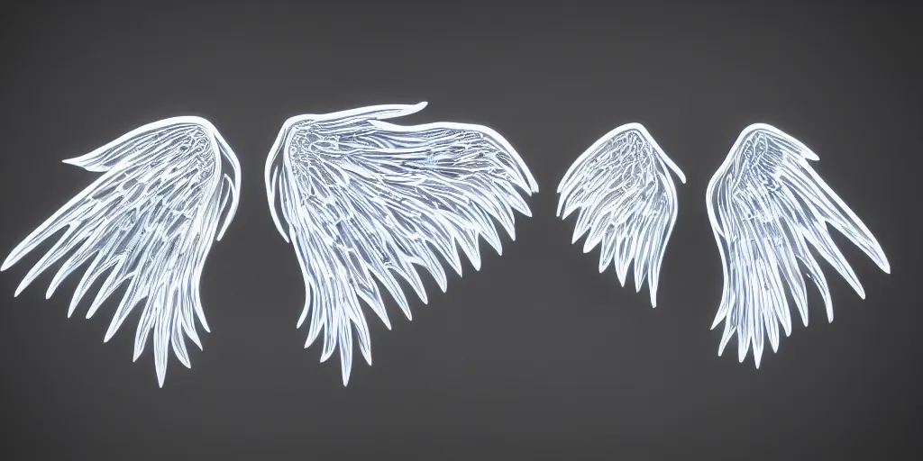 Prompt: pair of white mechanical wings, classic cyberpunk, highly detailed, glowing, black background