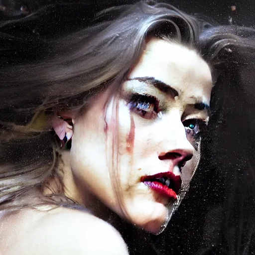 Image similar to hyperrealistic portrait of a woman as amber heard as a vampire witch tears in a black coat closing a window over the shoulder shot falling petals in windy storm hair. by jeremy mann and alphonse mucha, fantasy art, photo realistic, dynamic lighting, artstation, poster, volumetric lighting, very detailed faces, 4 k, award winning