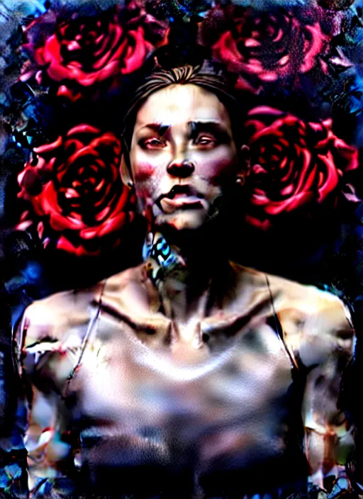 Image similar to a beautiful woman in running clothes surrounded by black roses, by Casey Baugh, Steve Caldwell, Gottfried Helnwein, digital render, hyperrealism, 8k resolution, masterpiece work.