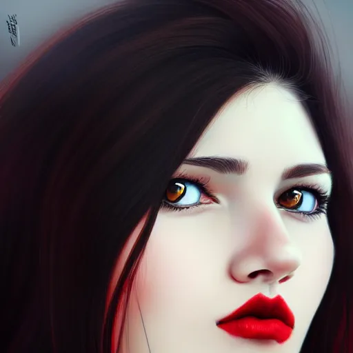 Image similar to a realistic illustration portrait of a beautiful cute girl with wavy black red hair, a pointy nose and, round chin black eyeliner, trending on artstation, intricate sift lighting, realistic