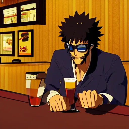 Prompt: A balding man with a beard and dark rimmed glasses sitting at a bar, cowboy bebop anime style, 4k