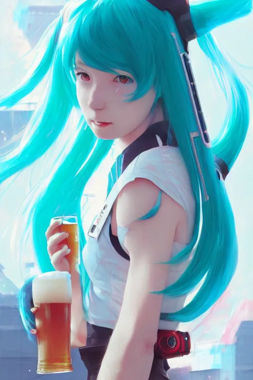 Image similar to Hatsune miku drinking a beer. visibly drunk. sci-fi, modern, colourful!! highly detailed, digital painting, artstation, concept art, sharp focus, illustration, by greg rutkowski