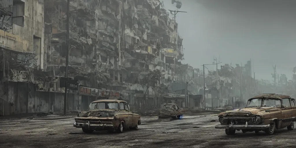 Image similar to wide angle shot of dilapidated fallout 5 tropical coastal city in real life, desolate, dilapidated, empty streets, nightmarish, some rusted retro futuristic fallout vintage style parked cars, overcast, blankets of fog pockets, rain, volumetric lighting, beautiful, daytime, autumn, sharp focus, ultra detailed, cgsociety