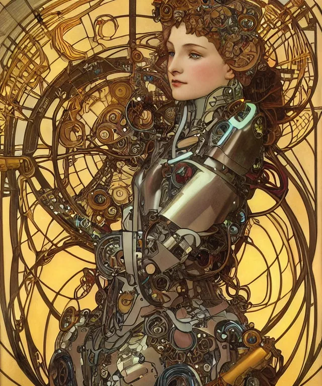 Image similar to realistic detailed portrait of a humanoid mecha cyberpunk! goddess by Alphonse Mucha and Charlie Bowater and art germ, rule of thirds, golden ratio, Art Nouveau! cyberpunk! style, mechanical accents!, mecha plate armor, glowing LEDs, flowing wires with leaves, art nouveau accents, art nouveau patterns and geometry, circuit patterns, rich deep moody colors, portrait style with the subject in the middle of the frame