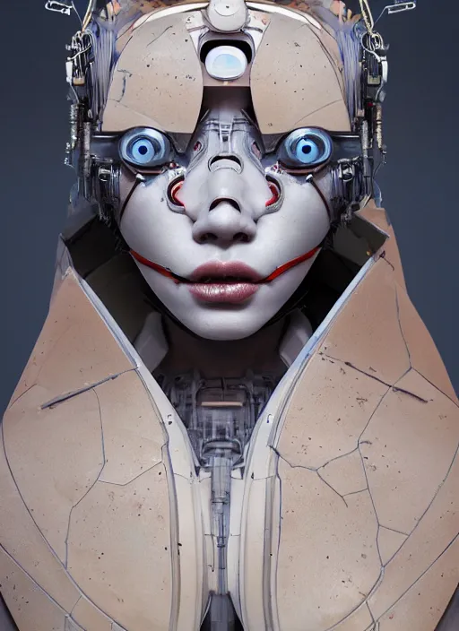 Image similar to portrait of a futuristic geisha cyborg, in the style of ghost in the shell, kintsugi, modern fine art, fractal, intricate, elegant, highly detailed, digital photography, subsurface scattering, by erwin olaf and greg rutkowski,