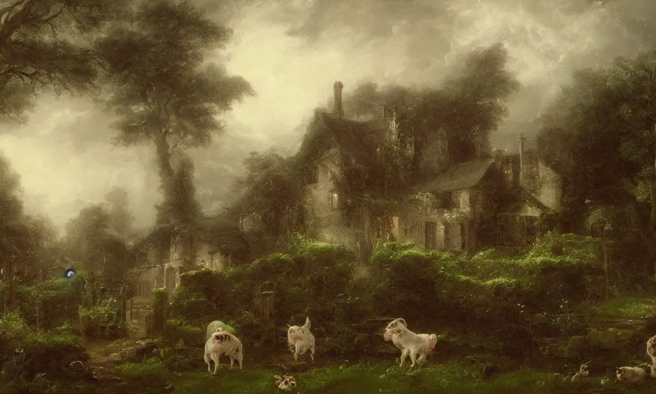 Prompt: spooky english cottage, ghosts, hound, pigs, misty garden, thomas cole, intricate details