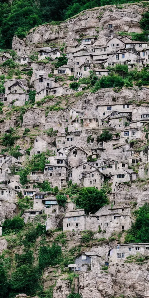 Prompt: a large village of stone houses carved into the side of a tall cliff