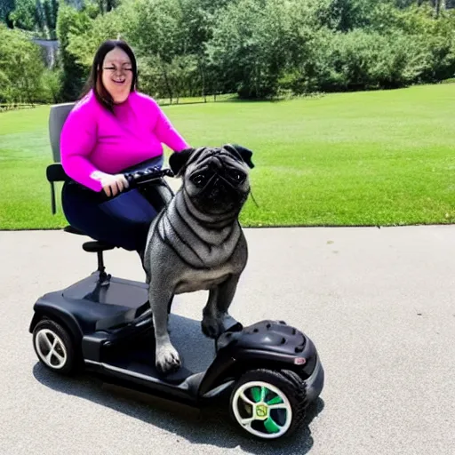 Image similar to a morbidly obese pug riding a mobility scooter, high resolution photo