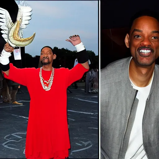 Image similar to will smith slap chris rock in the face, dressed as gladiator, with angels wings, in theater