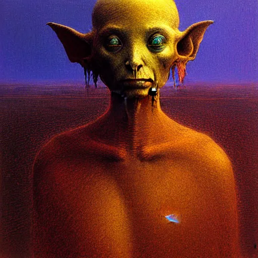 Image similar to portrait of ethereal goblin princess in golden armour by Beksinski