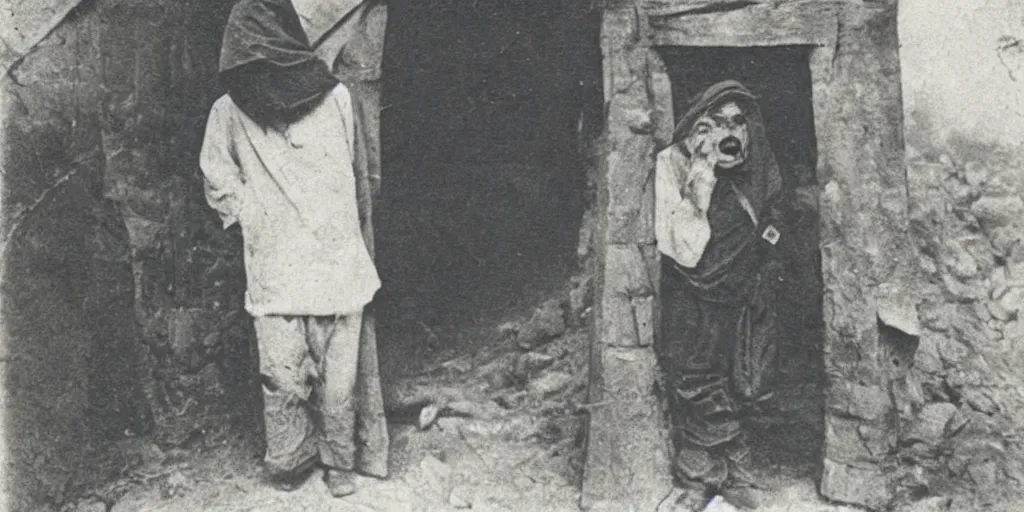 Image similar to hermit wearing a scary mask to scare off people, 1900s picture