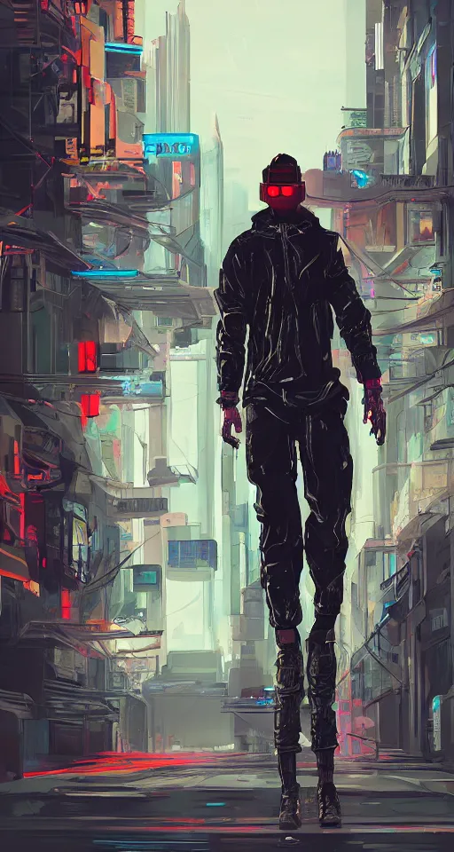 Image similar to concept art portrait of male cyberpunk walking through futuristic town